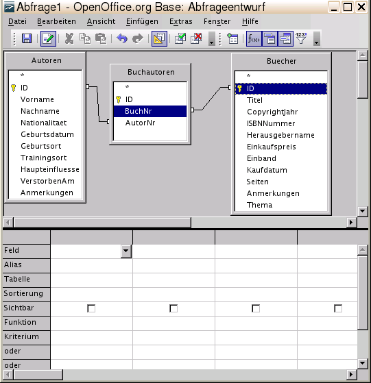 Datenbankschema - OOo-Screenshot: OpenOffice.org Base: Abfrageentwurf