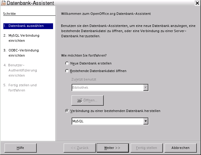 OpenOffice.org 2.x Datenbank-Assistent 1. Schritt: Datenbank auswaehlen