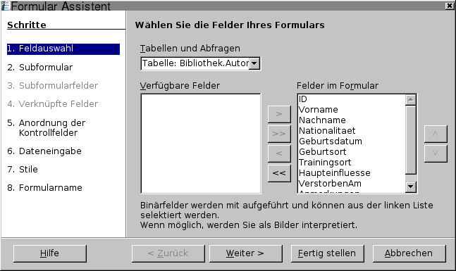 OpenOffice.org 2.x - Formular Assistent 1. Schritt: Feldauswahl