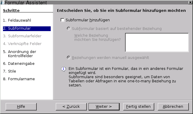 OpenOffice.org 2.x - Formular Assistent 2. Schritt: Subformular