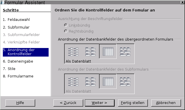 OpenOffice.org 2.x - Formular Assistent 5. Schritt: Anordnung der Kontrollfelder