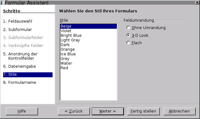 OpenOffice.org 2.x - Formular Assistent 7. Schritt: Stile