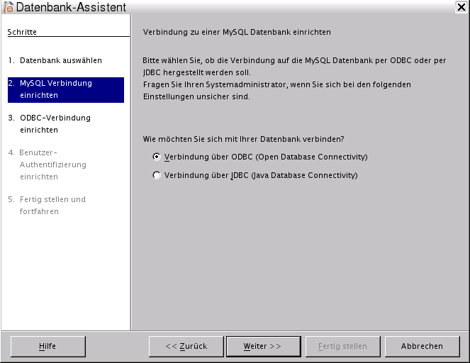 OpenOffice.org 2.x Datenbank-Assistent 2. Schritt MySQL Verbindung einrichten