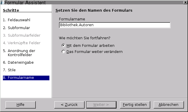 OpenOffice.org 2.x - Formular Assistent 8. Schritt: Formularname