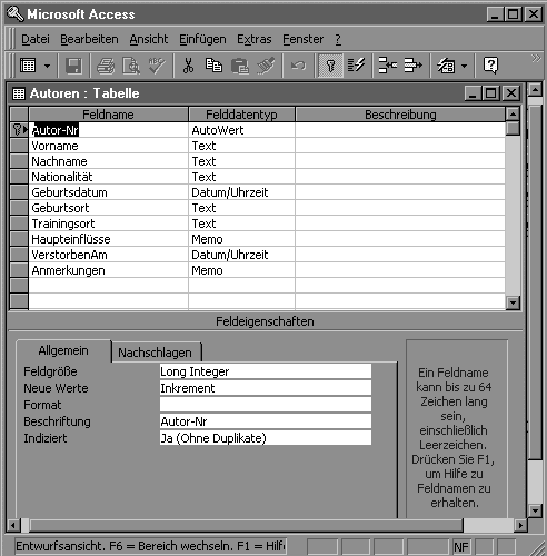 MS-Access Datenbankfenster - Tabelle Autoren: Entwurfsansicht
