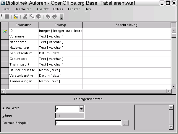 OpenOffice.org 2.x - Tabellenentwurf ausgefuellt