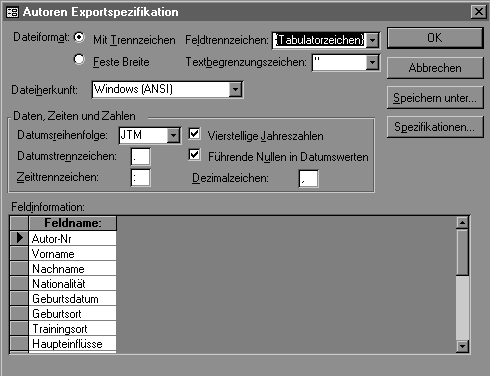 MS-Access - Exportspezifikation